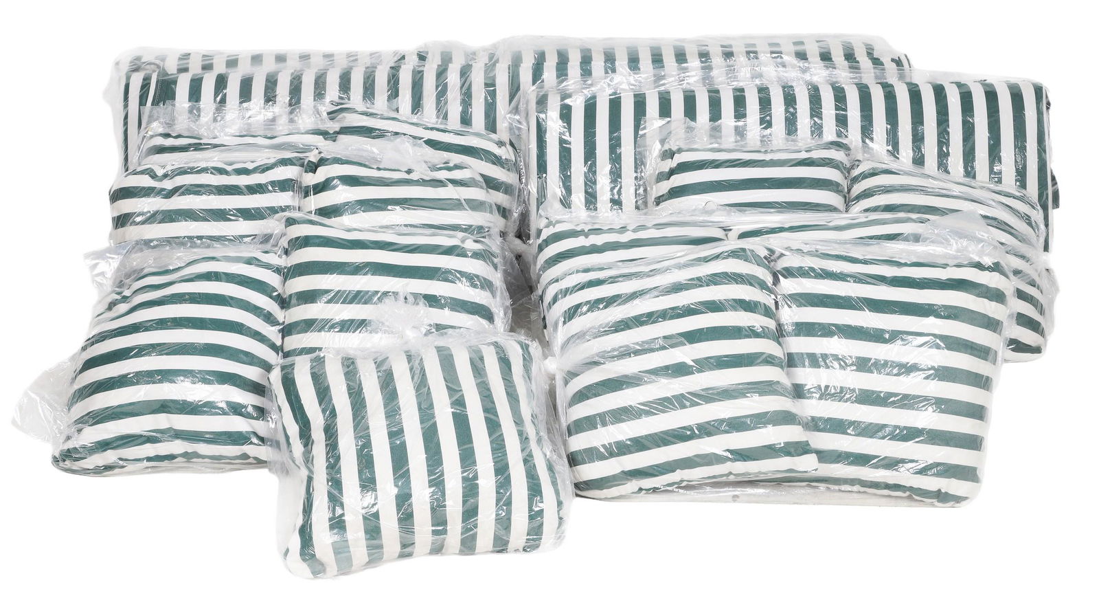 Green and white striped patio furniture cushions: Green and white striped patio furniture cushions, bench cushions, chair cushions, and more, They are used with fading to some and stripes from the wood of the bench on some, no tears or holes