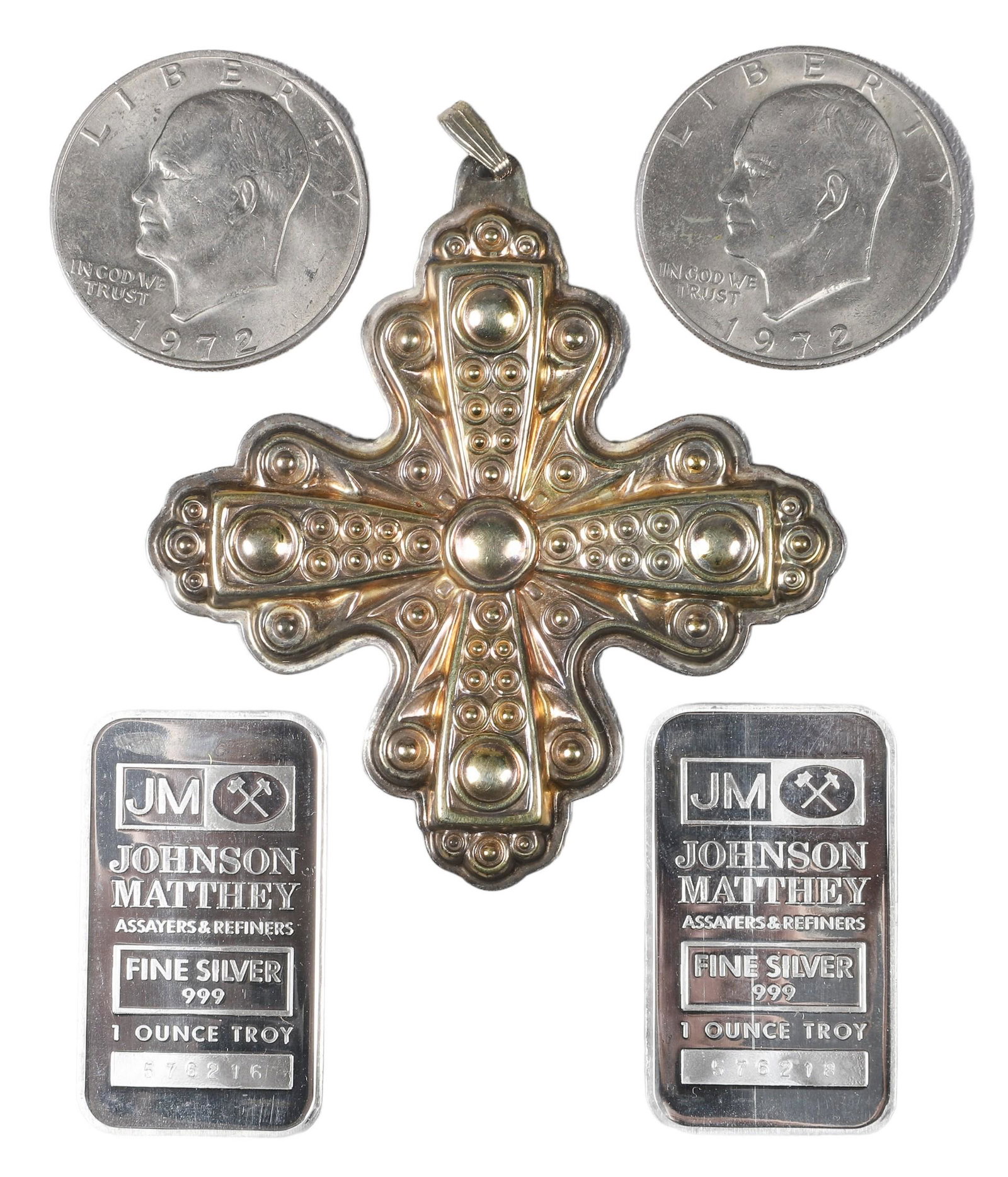 Coin and Sterling Grouping: Coin and sterling grouping to include (2) 1972 Liberty dollars, (2) Johnson Matthey 999 troy oz bars and Reed and Barton sterling ornament, 2 TO .999, .58 TO .925