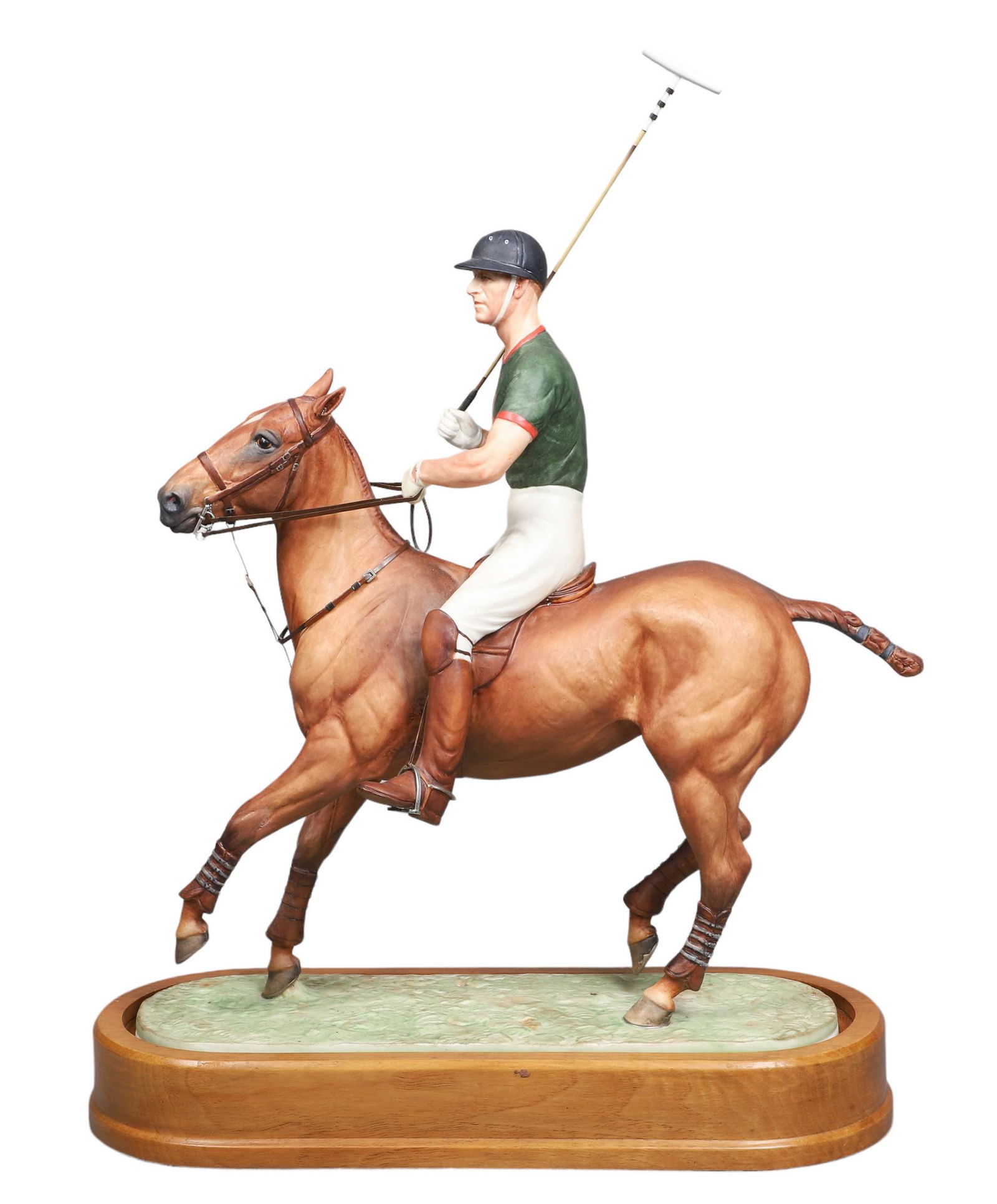 Royal Worcester Figure Duke of Edinburgh: Royal Worcester porcelain figurine, equestrian model of "H.R.H The Duke of Edinburgh", Prince Phillip on polo pony, modelled by Doris Lindner, 1968, with wood base, 15-3/4" h overall, no condition iss