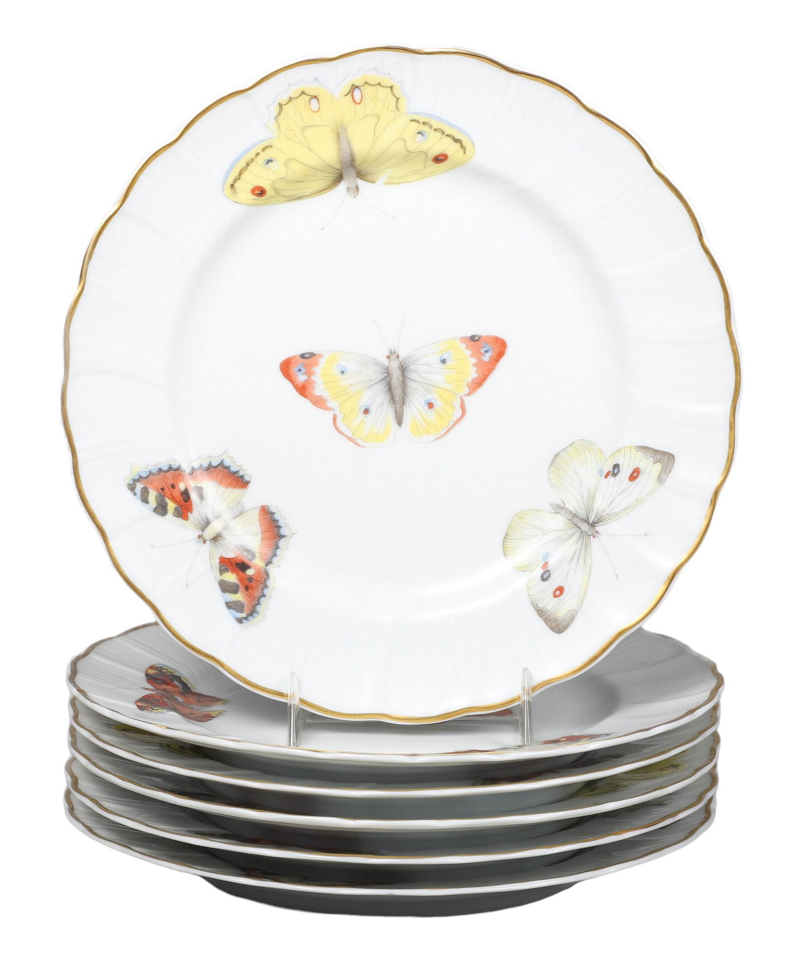 (6) Limoges Butterfly Dessert Plates: (6) L Bernardaud & Co Limoges porcelain butterfly dessert plates, 6-1/2" dia, no condition issues