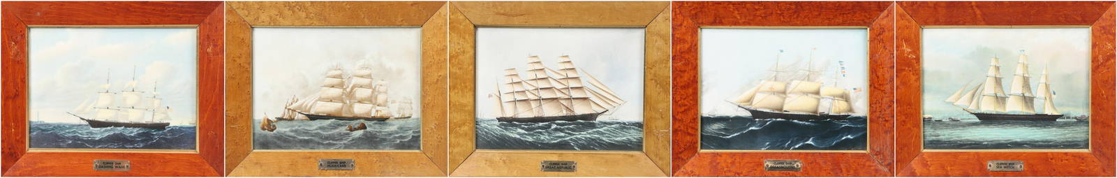 (5) Wedgwood Porcelain Ship Plaques: (5) Wedgwood porcelain Clipper ship plaques, with permission of the Peabody Museum, 9-3/4" x 12-3/8" overall, c/o Dreadnought by James E Buttersworth, Great Republic by Skillet, Dashing Wave by Willia