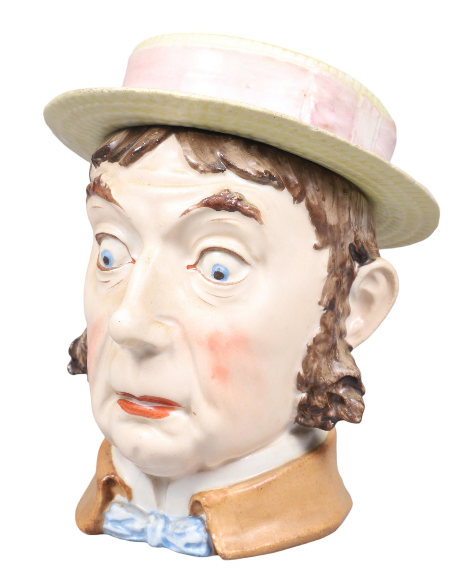 Porcelain Figural Humidor: Porcelain figural humidor tobacco jar, late 19th C man with sideburns straw boater hat, impressed "V" on base, 7-1/4" h, hairline & chips to hat