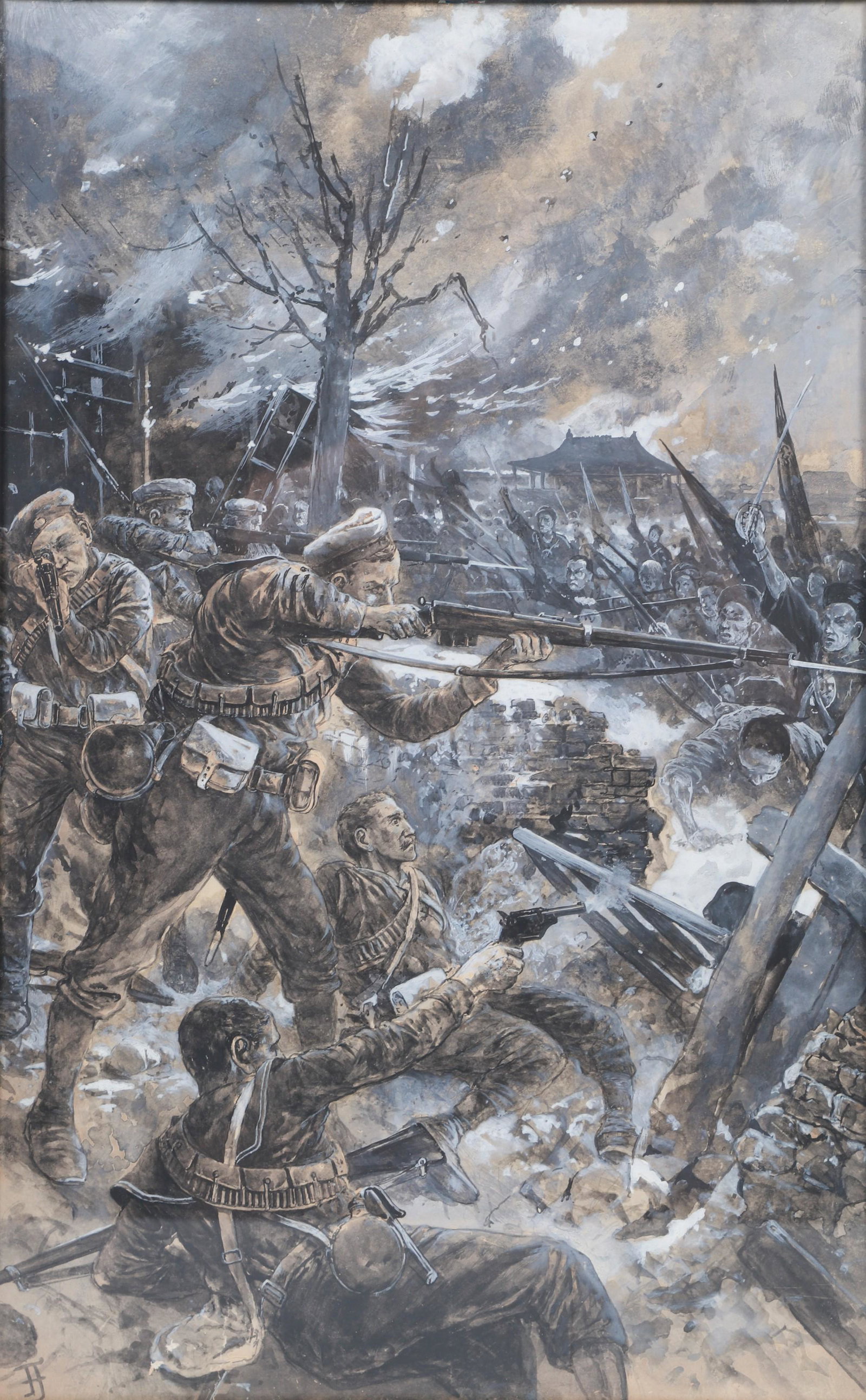 Original illustration of the "Boxer Rebellion": Original illustration of the "Boxer Rebellion", watercolor and gouache on paper, monogrammed lower left, 21" x 13-1/4", framed 23-1/4" x 15-1/2", good condition