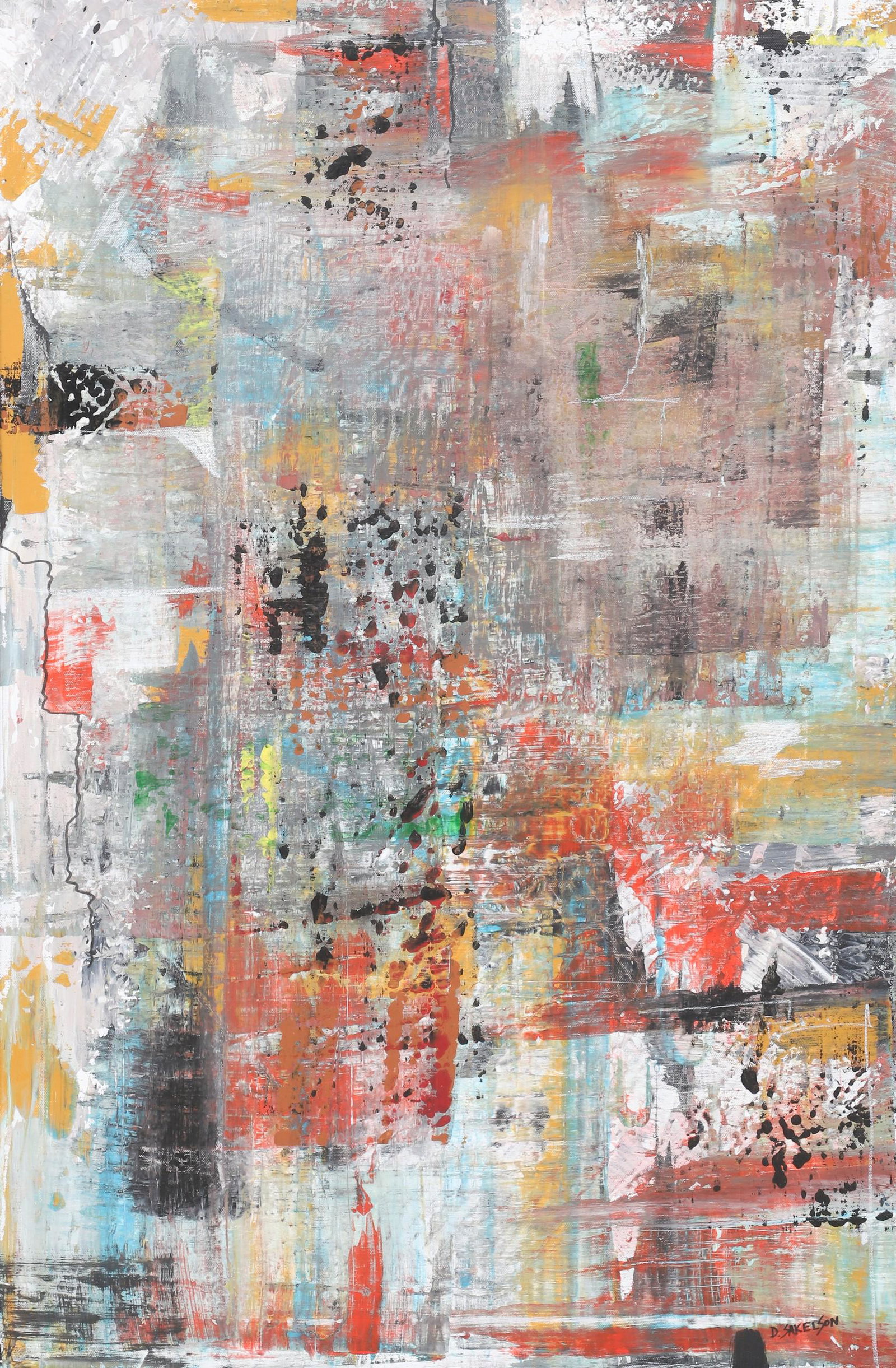 Dennis Sakelson Abstract Painting: Dennis Sakelson (21st c, American, PA Artist) Abstract Painting, oil on canvas, signed D Sakelson, 24" x 36", framed 29-1/2" x 41-1/2", very good condition, Frame is painted over shows wear, oil on ca