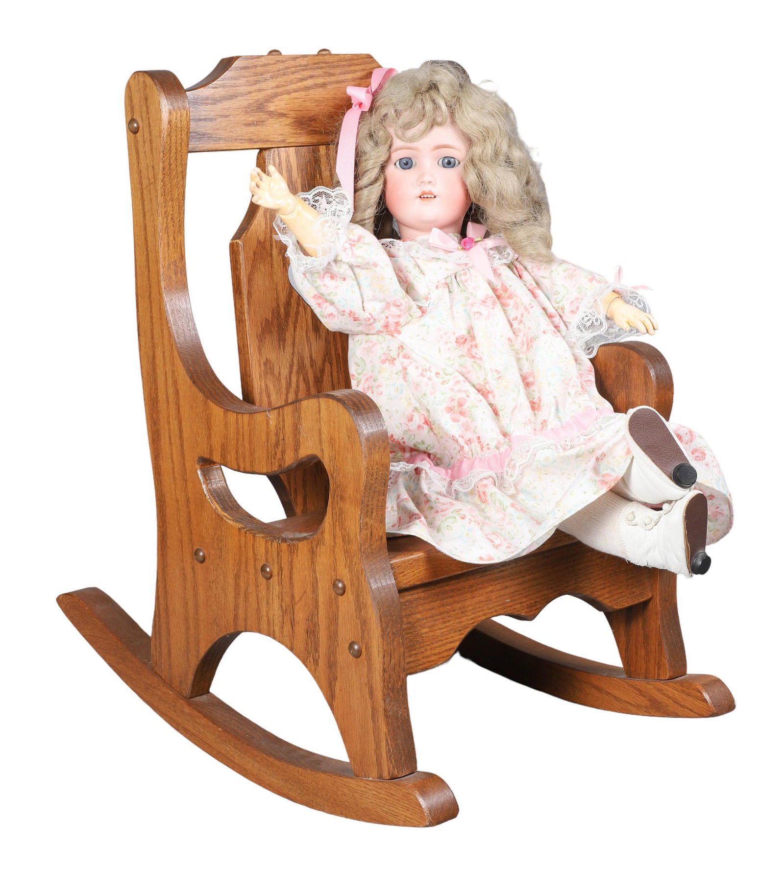 CM Bergmann Porcelain Doll & Chair: CM Bergmann Simon & Halbig porcelain doll #3, socket head, sleep eyes, open mouth with 4 teeth, articulated composition body, 23" h, with carved wood rocking chair, 21-1/2" h