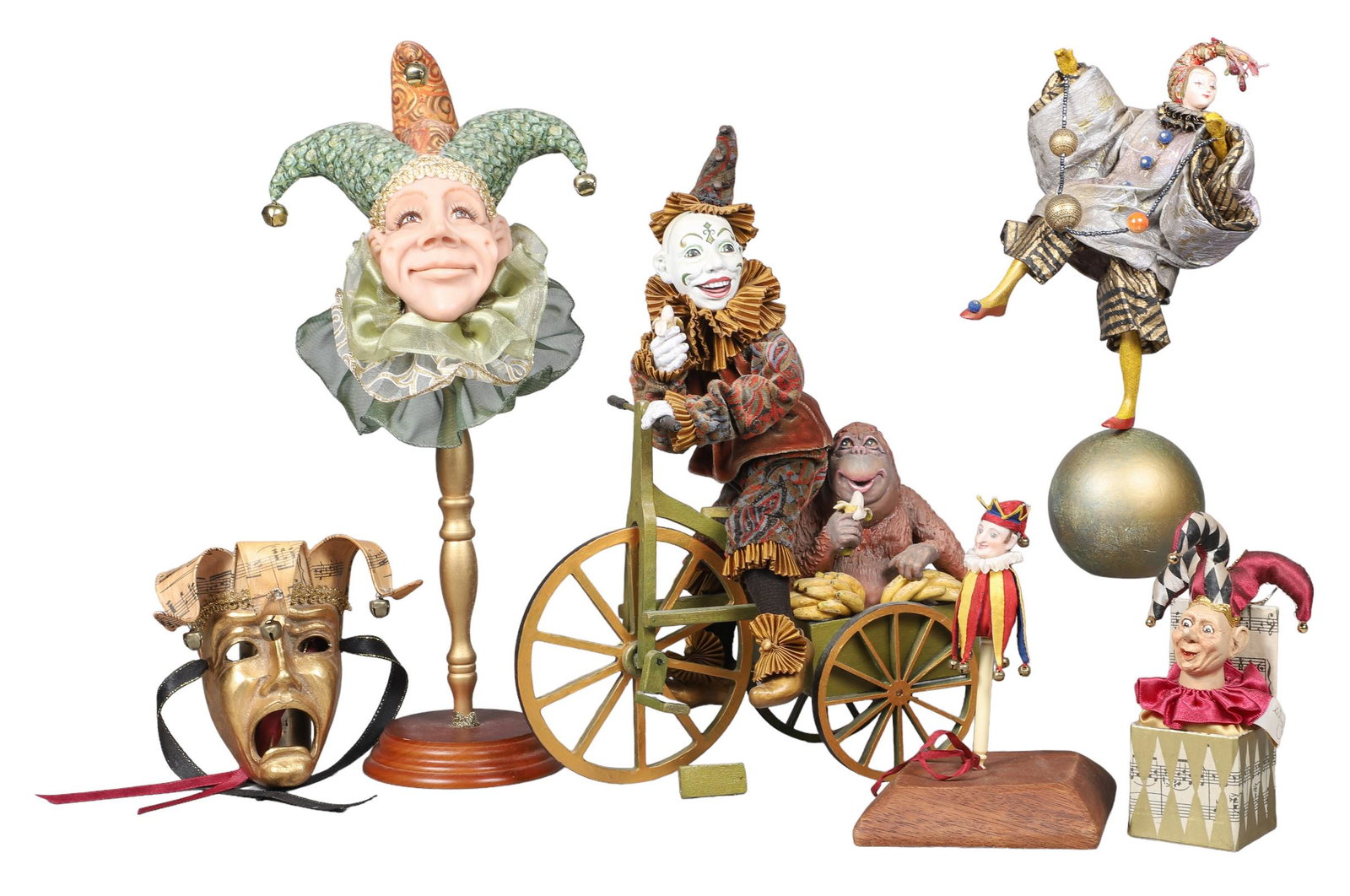 (6) Clown & Jester Items: (6) Clown & jester items, c/o Betsey Baker 1997 clown figure on tricycle pulling monkey with bananas (13" h), Jacques Dorier "Orbie the Celestial Clown" paper sculpture (10-1/2" h, leg needs to be reg
