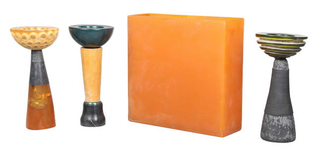 Martha Sturdy Resin Vase and Sculptures: Martha Sturdy resin vase and sculptures to include burnt orange resin square vase by Canadian artist Martha Sturdy, 11-5/8"L x 11-1/4"H x 3-3/4"D, and (3) 1953 wood and resin sculptures signed illegib