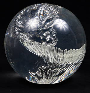 Lucite on Acrylic Gazing Ball: Lucite on Acrylic Gazing Ball, lucite on acrylic sphere, possibly by Pierre Giraudon, interior with freeform leaf design, 10" dia, This lot is consigned from the Personal Collection of Vladimir Kagan,