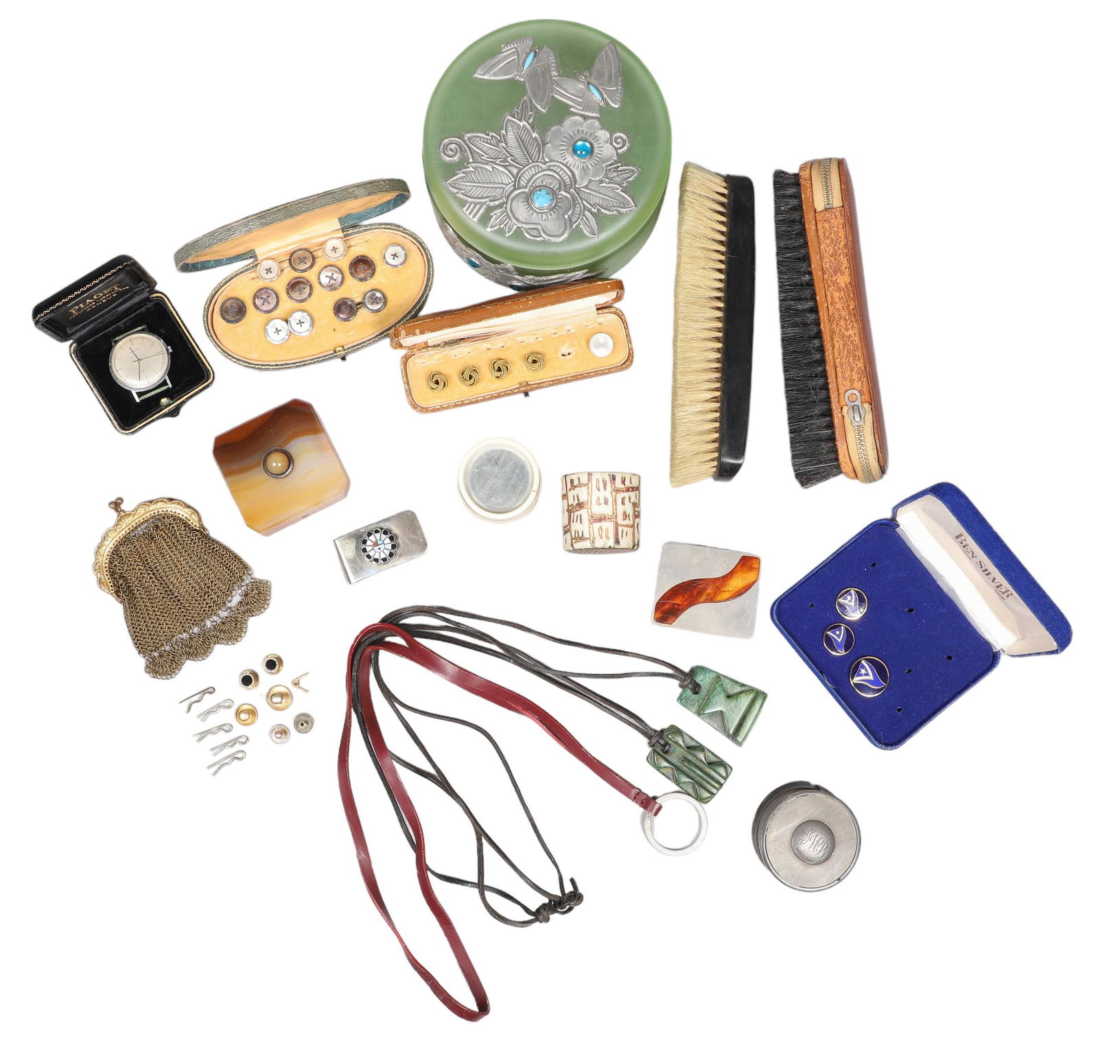 Mixed Eclectic Grouping: Mixed eclectic grouping to include green glass powder jar, 5" dia, (2) garment brushes, (1) Mark Cross, agate bell push, assorted cufflinks, bone and horn trinkets, each with damage, enameled cup, mes