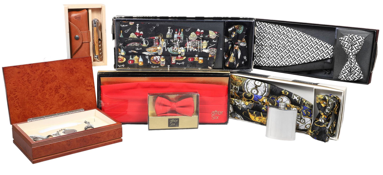 Lot of Mens Items: Lot of mens items, c/o Nicole Miller wine motif cumberbund & bow tie set, unmarked black & white geometric cumberbund & bow tie set, Fumagalli's steampunk cumberbund & bow tie set, After Six red cumbe