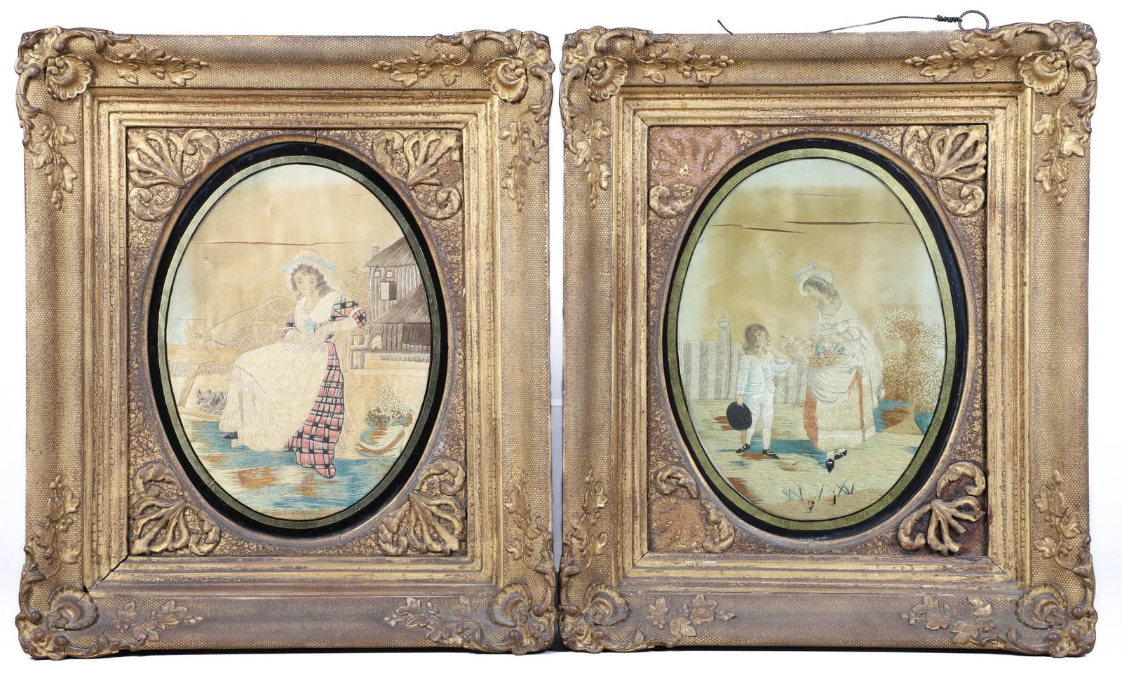 (2) Gilt Framed Oval Embroidered Panels, 18th/19th c (1 of 7)