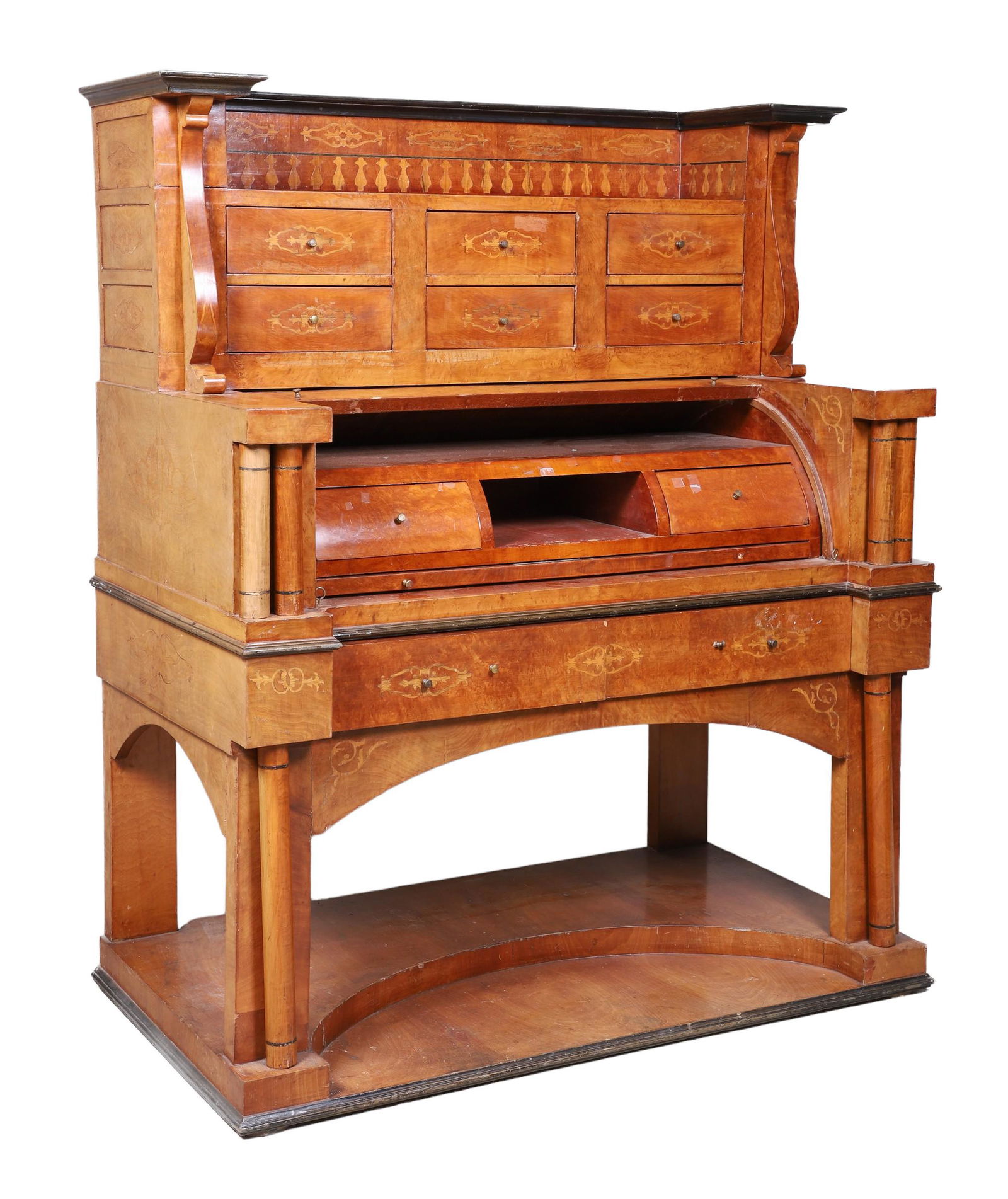 Biedermeier inlaid satinwood roll top desk, mid 19th c (1 of 13)