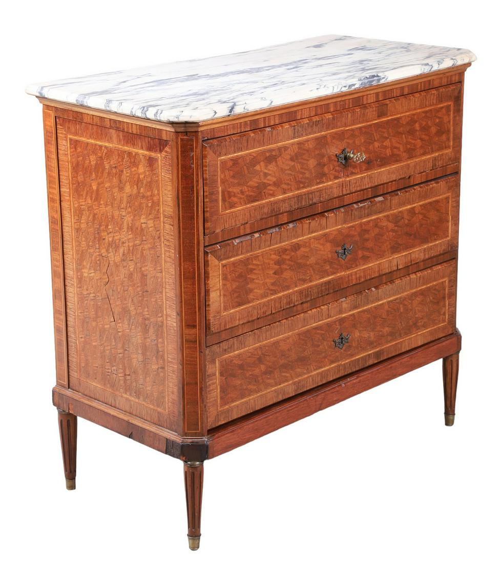 Louis XVI style parquetry inlaid marbletop chest of drawers (1 of 13)
