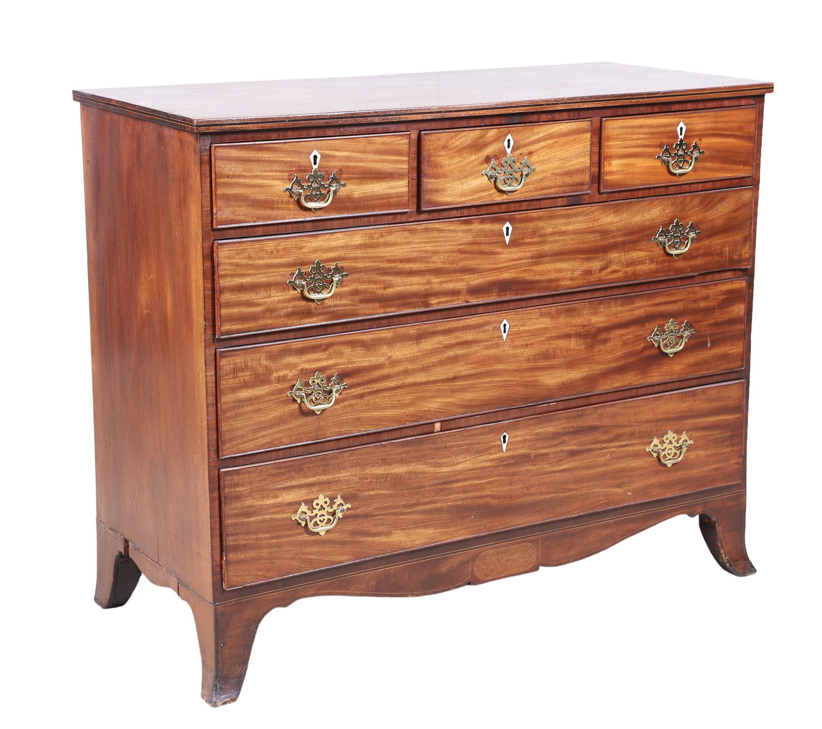 Georgian mahogany Hepplewhite bureau: Georgian Mahogany Hepplewhite bureau, 3 short beaded drawers over 3 long beaded drawers, over french feet, 39-1/2"h x 48"w x 28"d, scalloped apron with inlay, diamond inlaid escutcheons, replaced bras