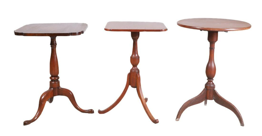 (3) American Federal tilt top tables: (3) American Federal tilt top tables, round flat edge on spider edge base, 20"diameter x 28"h, square walnut with square top, 19-1/4" x 18-3/4" top, walnut square top with cut corners, 17-3/4" x 17-1/