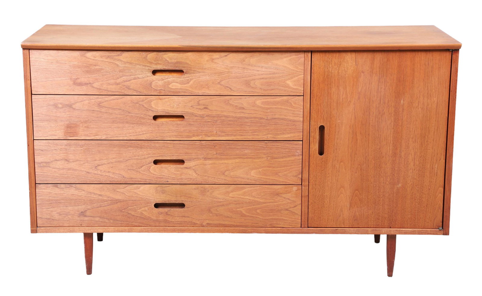 Danish Modern teak sideboard: Danish Modern teak sideboard, 4 drawers flanked by single door, 31"h x 54"w x 18"d, sun fading to top, damage to back corner