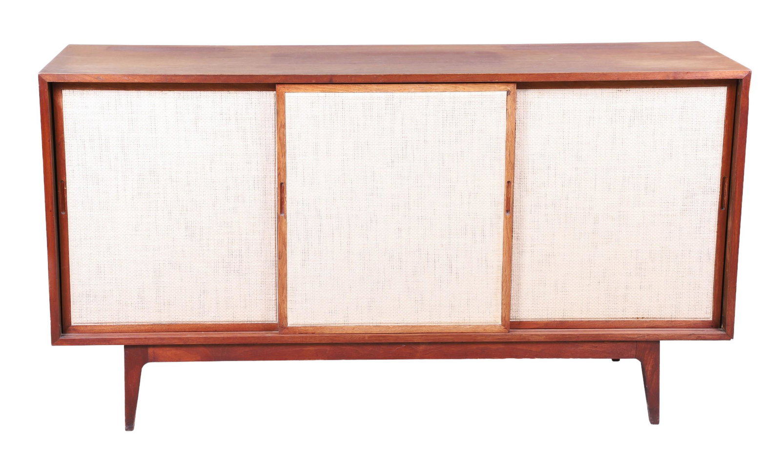Danish Modern teak and woven sideboard: Danish Modern teak and woven sideboard, 4 sliding woven doors, interior shelving, 32"h x 60"w x 16"d, sun fading to the top