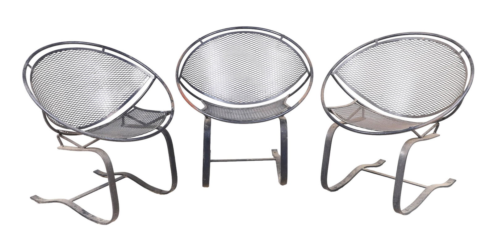 (3) Tempestini for Salterini patio "Hoop" lounge chairs: (3) Tempestini for Salterini patio "Hoop" lounge chairs, ebonized with grated backs and seats, 32"h x 30"w x 19"d, some surface rusting