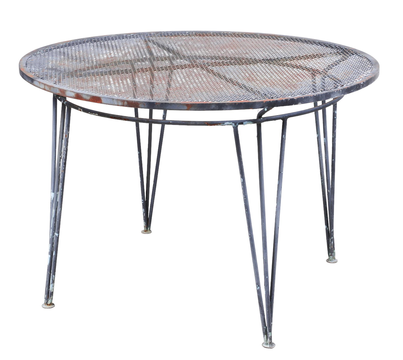 Salterini ebonized painted patio dining table: Salterini ebonized painted patio dining table, grated top, 28"h x 42"diameter, surface rusting to top