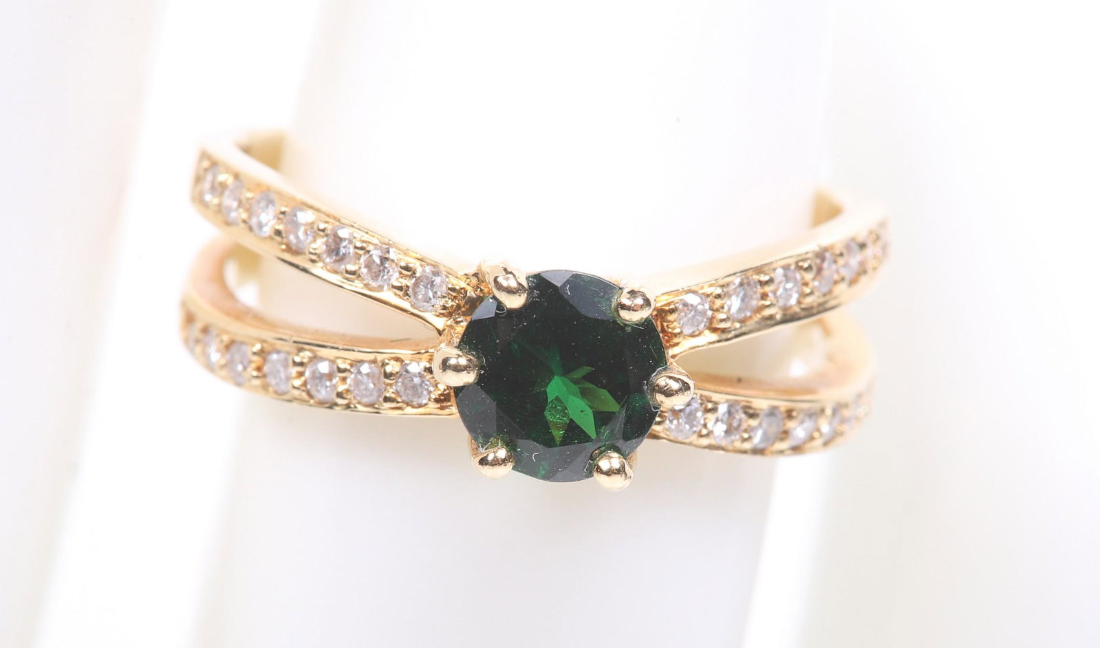 18K Yellow Gold Tourmaline Pave Ring: 18K Yellow gold tourmaline pave ring, 5.6 mm center stone on crossed pave bands, 6.75 sz, 2.8 DWT