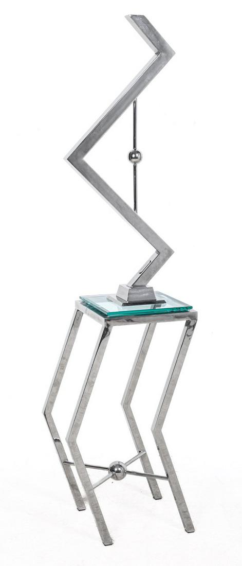 Jeff Mehringer Chrome Sculpture: Jeff Mehringer abstract chrome sculpture, signed, 33-7/8" h