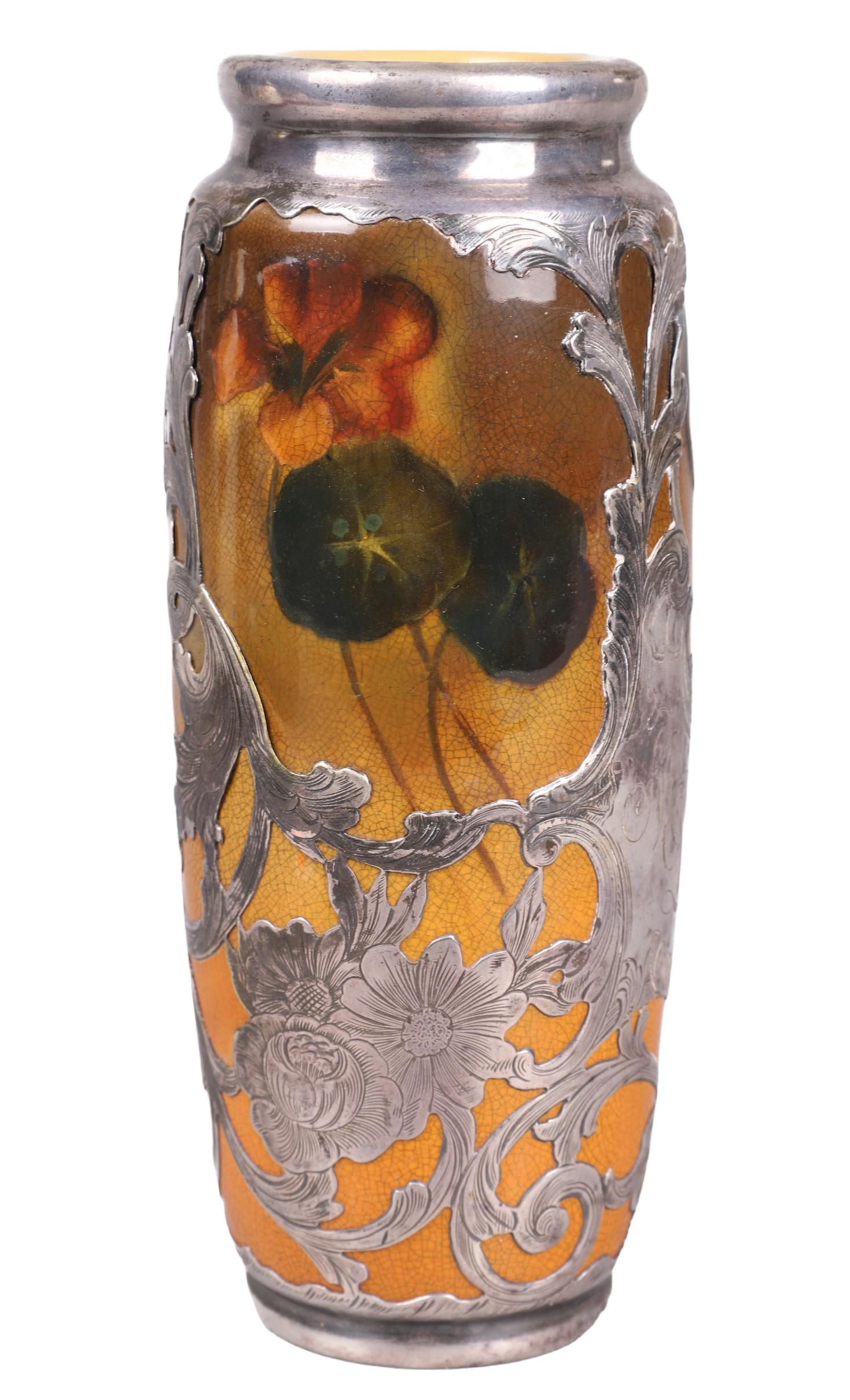 Rookwood Sterling Overlay Pottery Vase: Rookwood sterling overlay pottery vase, signed by artist Anna Marie Valentien (1862-1947) working for Rookwood in 1884, shape 589E in standard glaze with lilypad paint decoration and rocaille Gorham s