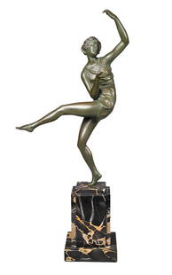 Maurice Guiraud-Riviere Bronze of a Dancer: Maurice Guiraud-Riviere (French, 1881-1967) Bronze of a Dancer, patinated bronze of a robed dancer, circa 1920, raised on marble plinth, signed at base, lacking ivory ball once attached to upper hand,