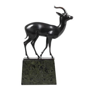 Bronze Antelope After Fritz Behn: Bronze antelope after Fritz Behn (German, 1878 - 1970), fine bronze antelope calf raised on marble plinth, signed FB in casting at base, 7-1/4"H, 4-1/2"W, Does not sit flush on base, scratches to base