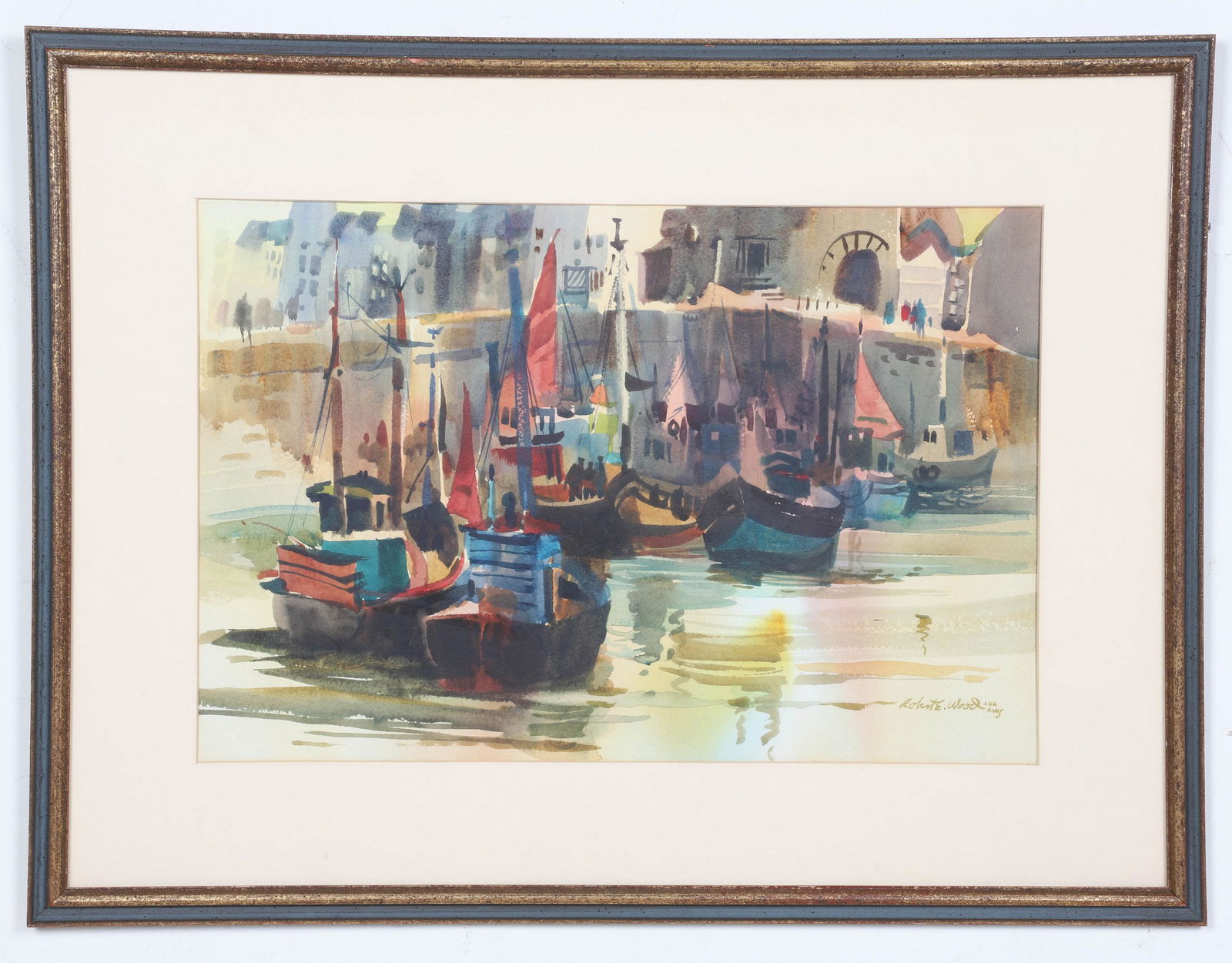 Robert Earle Wood "Boats in Harbor": Robert Earle Wood (American, 1926-1999) CA artist, "Boats in Harbor", watercolor on paper, signed "Robert E Wood ANA AWS", 13" x 19-1/4" sight, framed 20-1/2" x 27", very good condition