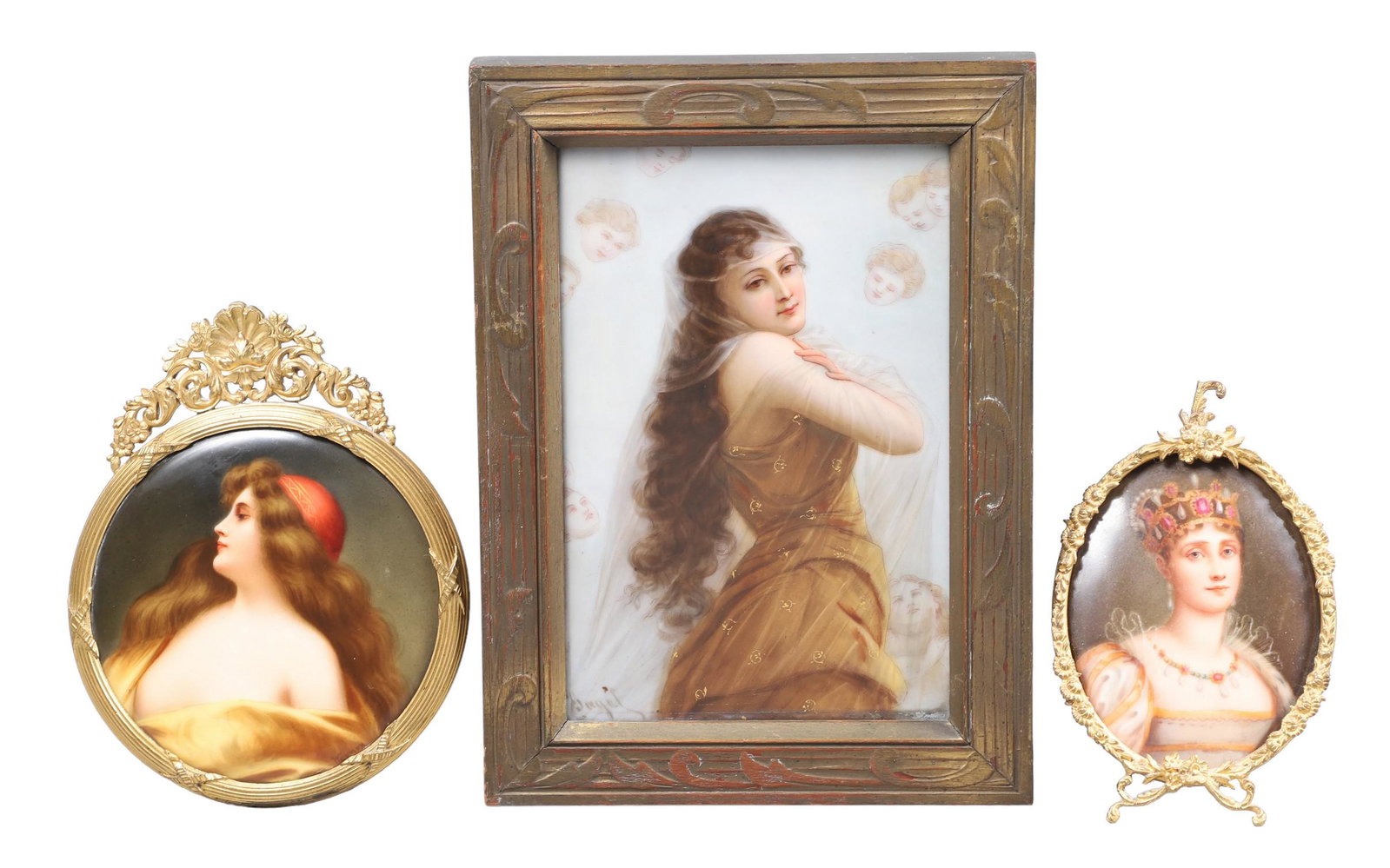 (3) Portraits on Porcelain: (3) Portraits on porcelain to include Empress Josephine, porcelain plaque depicting a Gypsy, "una gitana, nach asti" (a Gypsy after Asti (Angelo) at back, in gilt bronze shell and rocaille crested fra