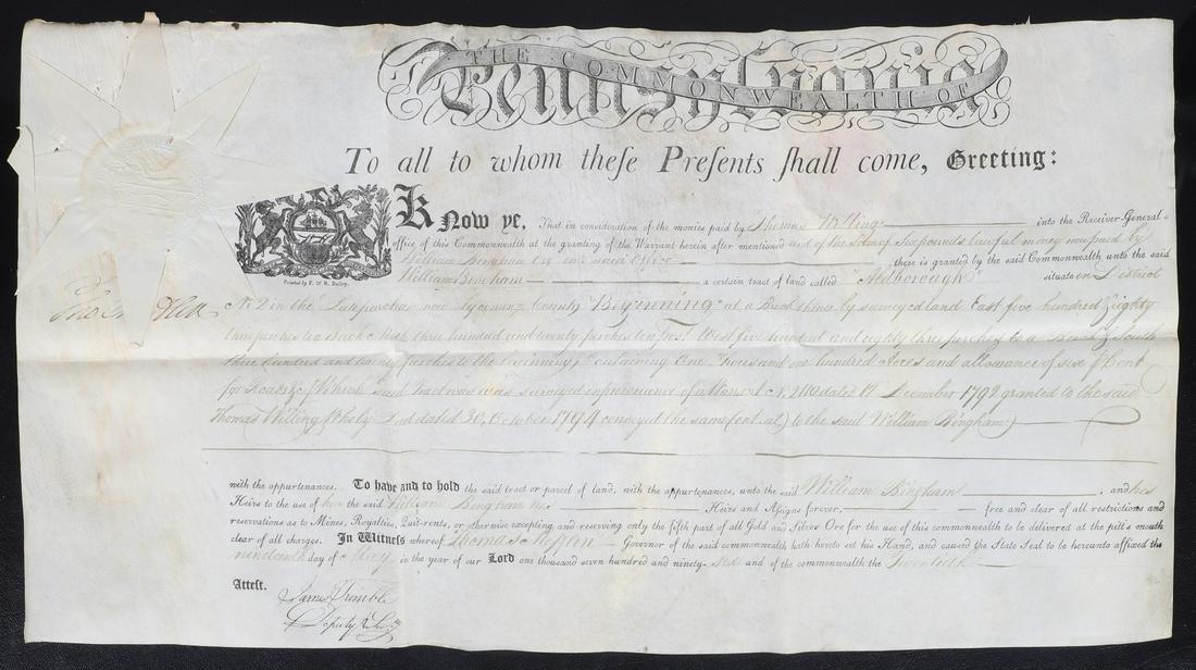 A 1796 Pa land grant signed by Thomas Mifflin (10686) on Mar 14, 2023