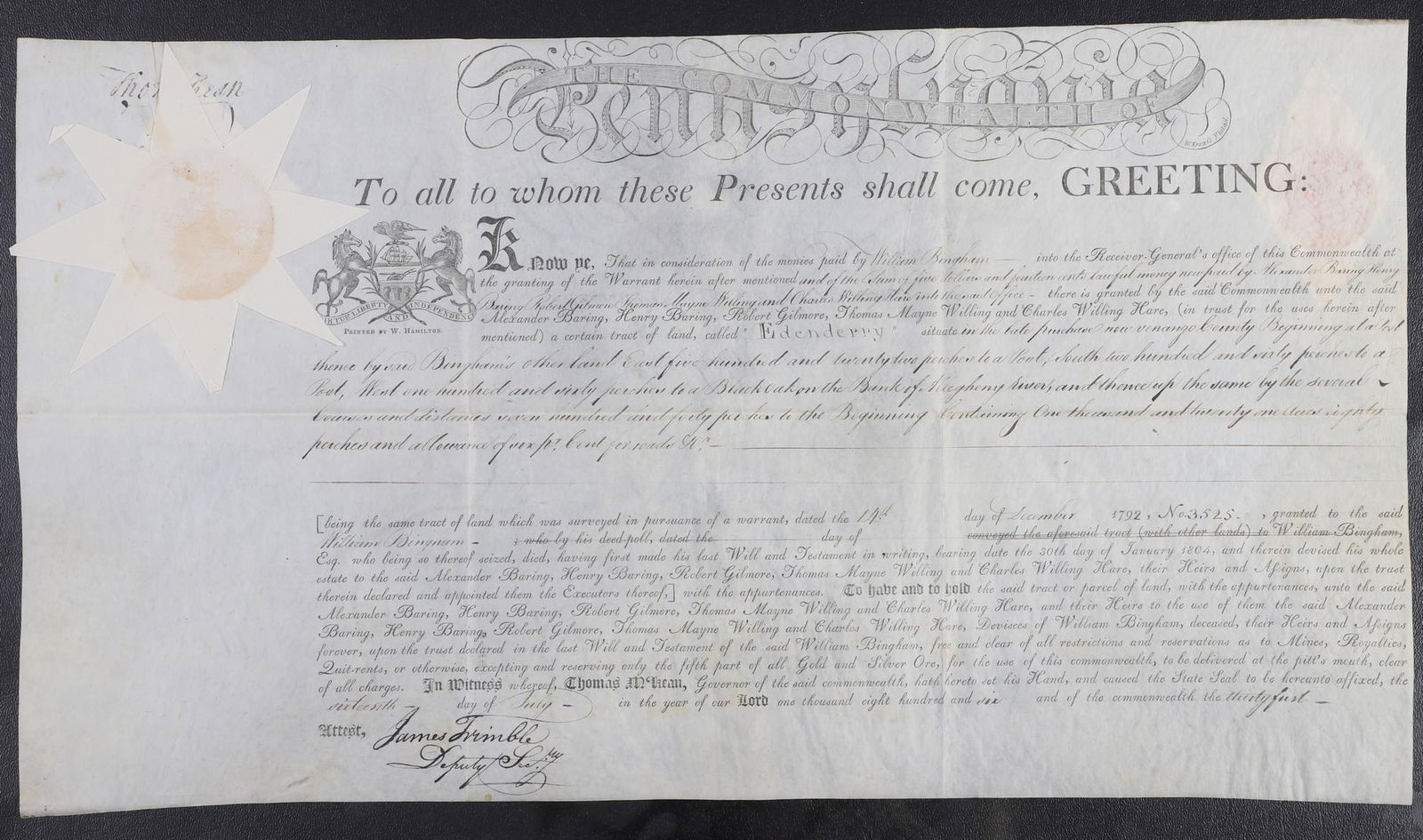 An 1806 Pa land grant signed by Thomas McKean (1 of 5)