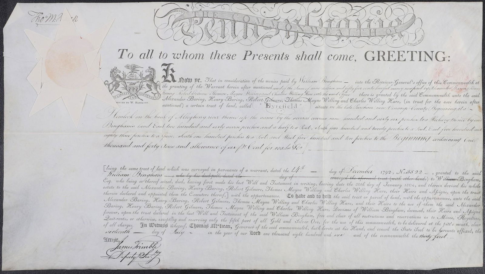 An 1806 Pa land grant signed by Thomas McKean (1 of 5)