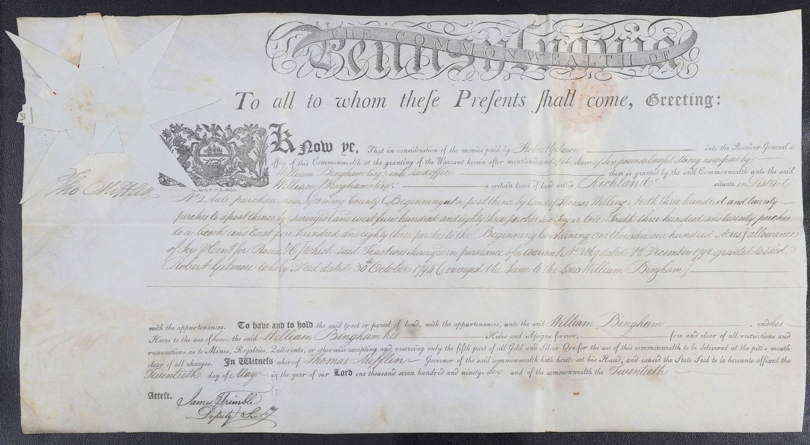 A 1796 Pa land grant signed by Thomas Mifflin (1 of 5)