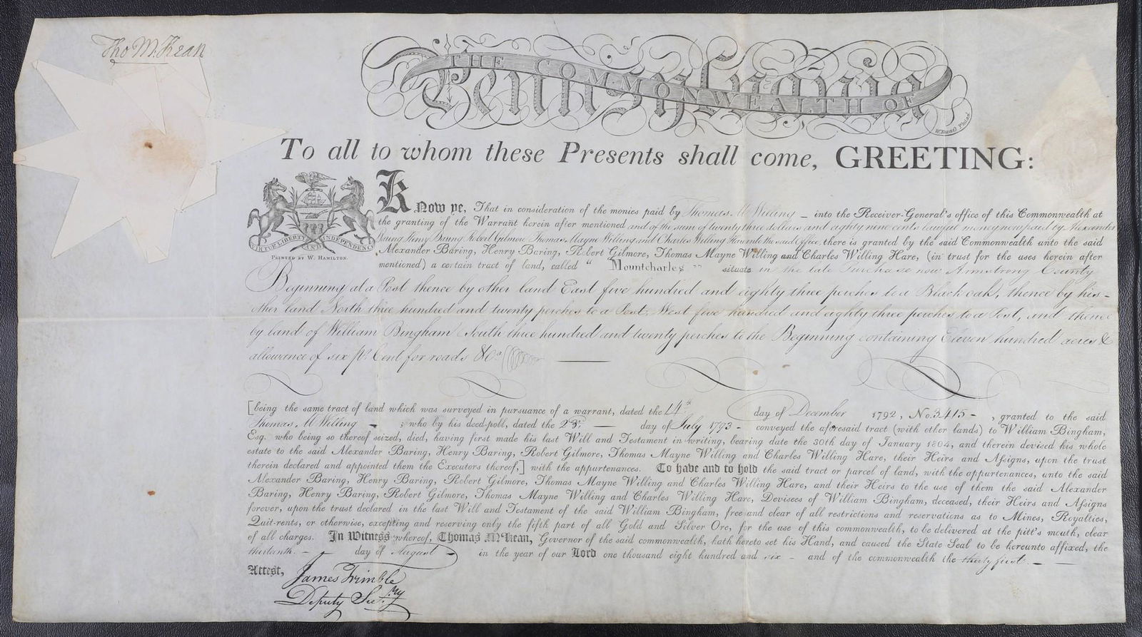 An 1806 Pa land grant signed by Thomas McKean (1 of 5)