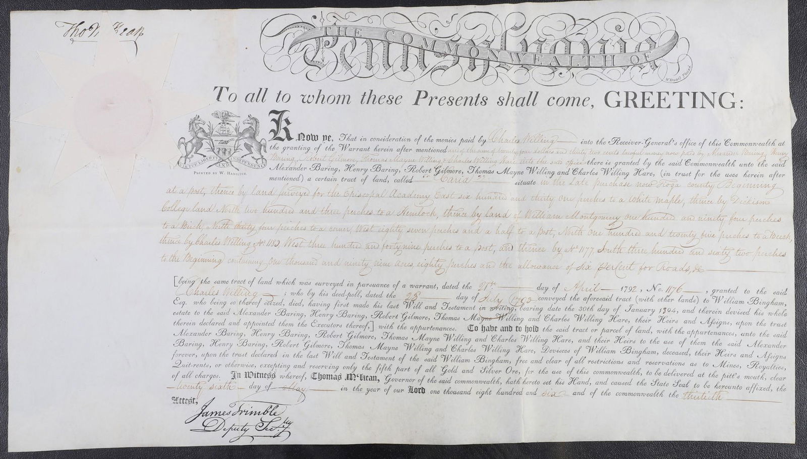 An 1806 Pa land grant signed by Thomas McKean (1 of 5)