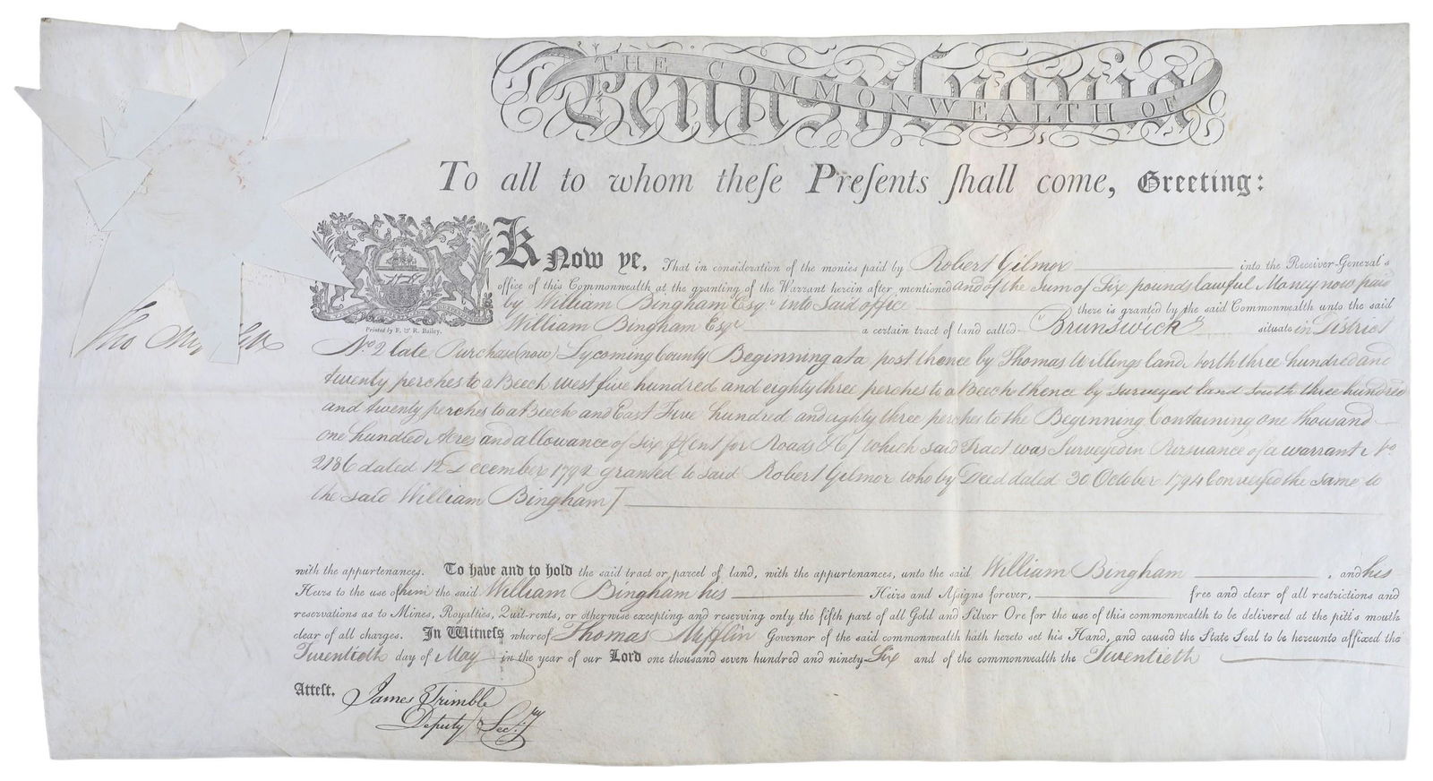 A 1796 Pa land grant signed by Thomas Mifflin (1 of 5)