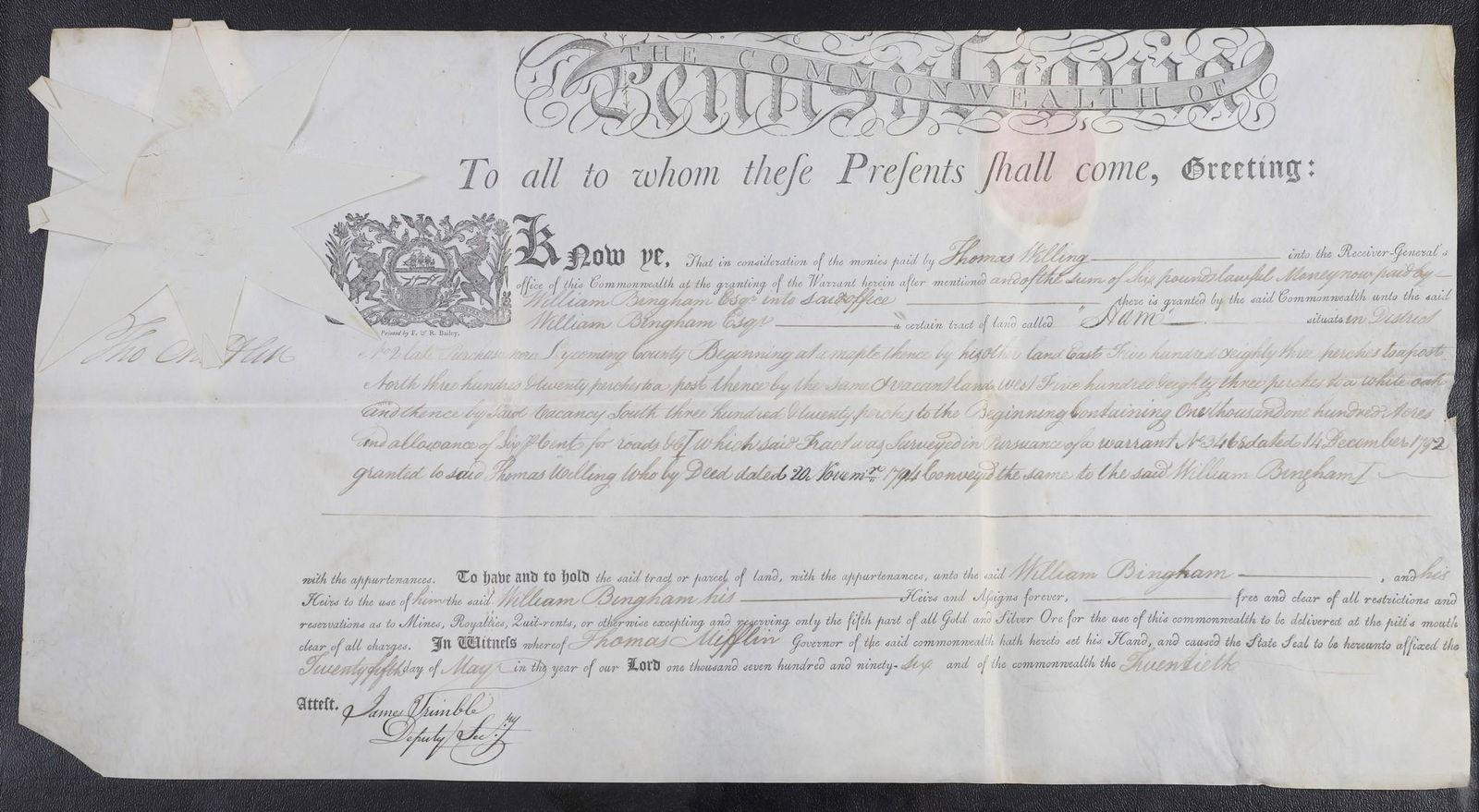A 1796 Pa land grant signed by Thomas Mifflin (1 of 5)
