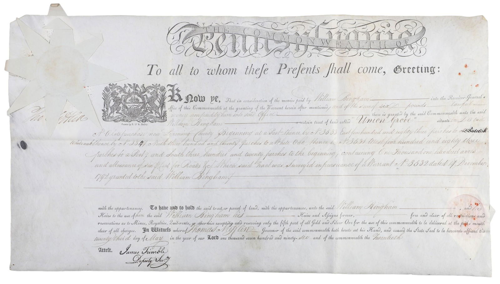 A 1796 Pa land grant signed by Thomas Mifflin (1 of 5)