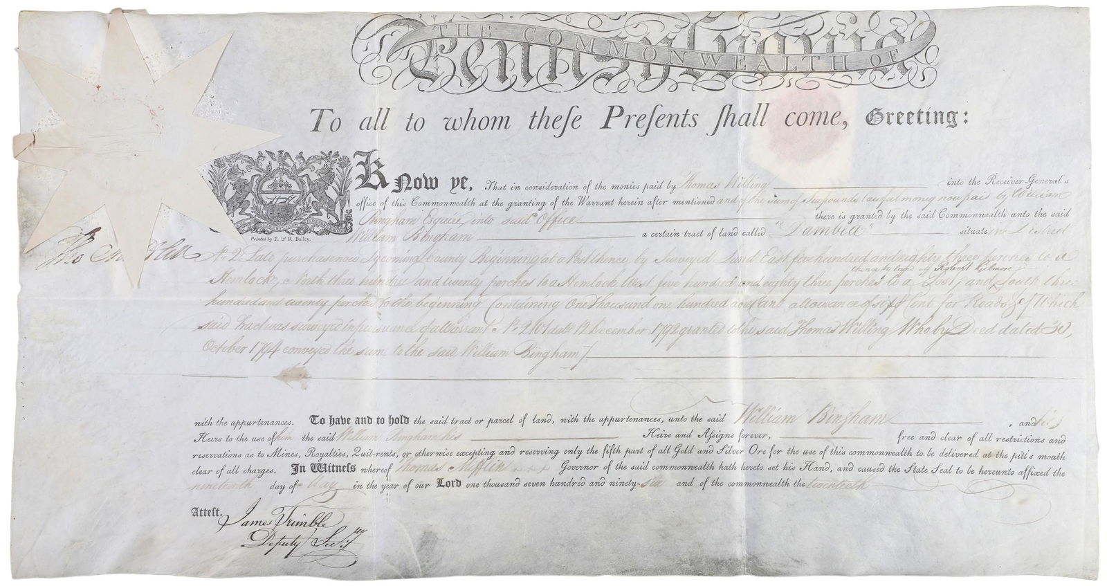 A 1796 Pa land grant signed by Thomas Mifflin (1 of 5)