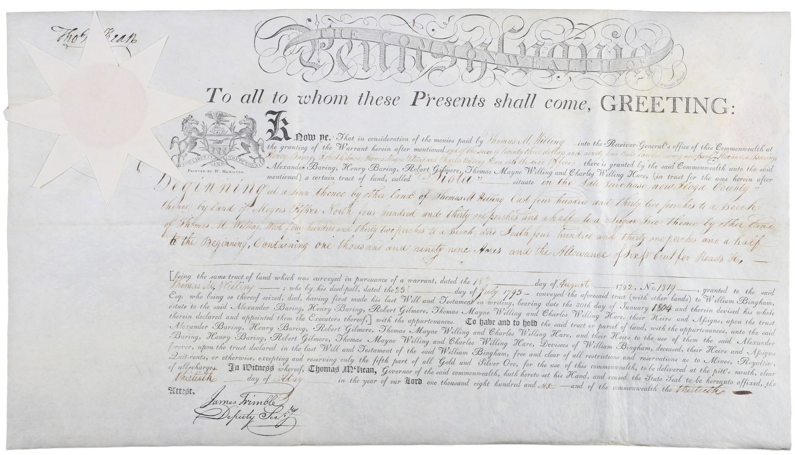 An 1806 Pa land grant signed by Thomas McKean: A Pennsylvania land grant on parchment dated 5-30-1806, granting a property in Tioga County named "Siota" to Alexander Baring & others, and signed as Pennsylvania governor by Founding Father and Signe