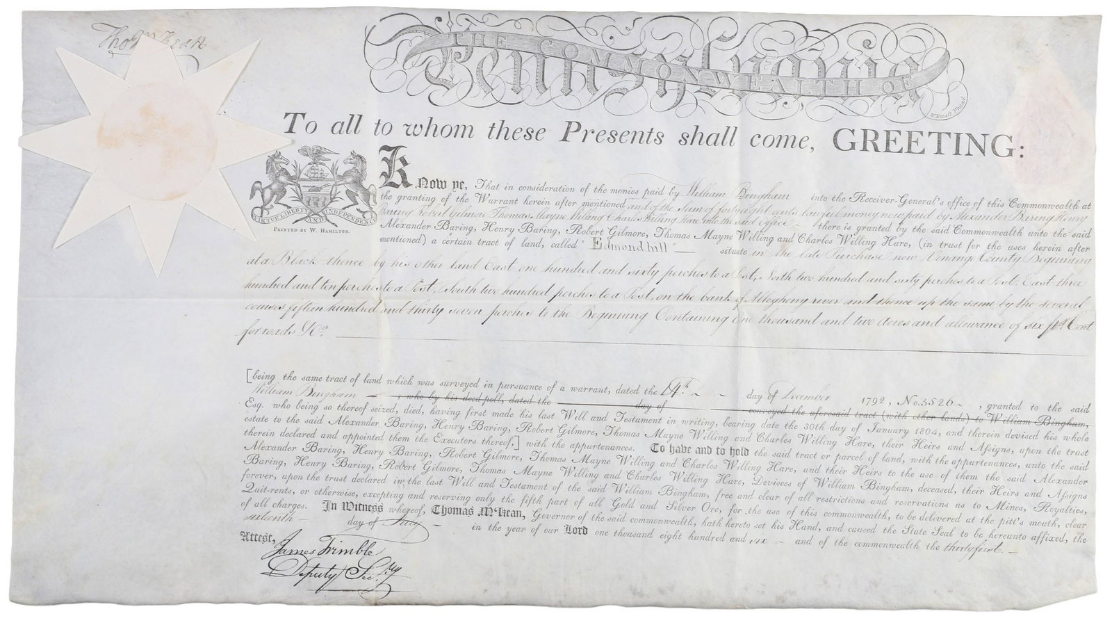 An 1806 Pa land grant signed by Thomas McKean: A Pennsylvania land grant on parchment dated 7-16-1806, granting a property in Venango County named "Edmond Hill" to Alexander Baring & others, and signed as Pennsylvania governor by Founding Father a