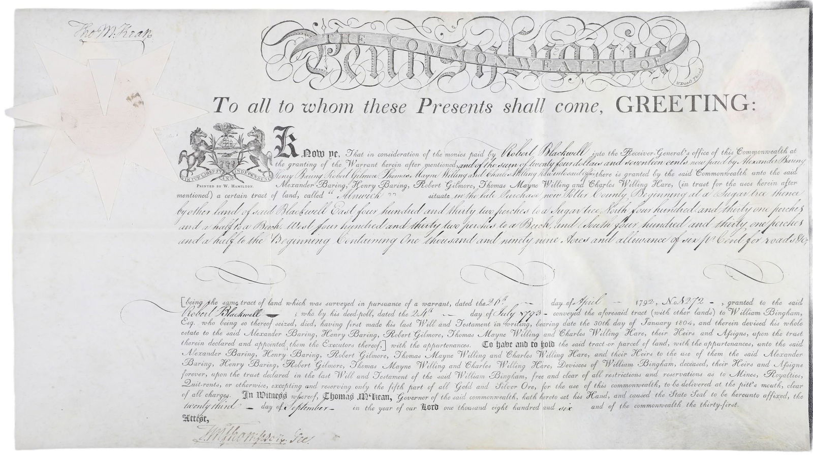 An 1806 Pa land grant signed by Thomas McKean (1 of 5)