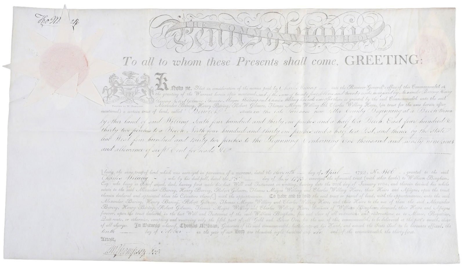 An 1806 Pa land grant signed by Thomas McKean (1 of 5)