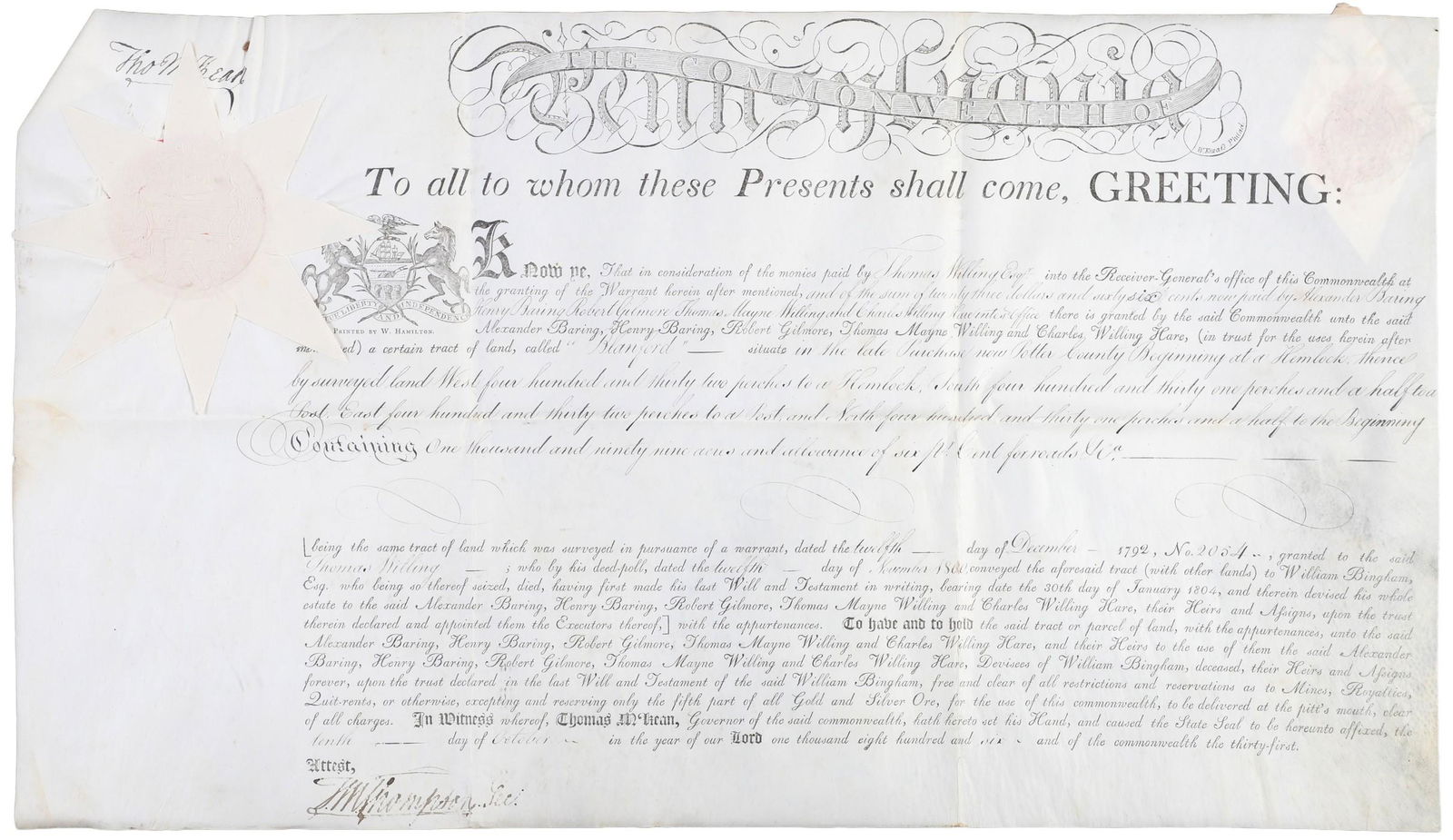 An 1806 Pa land grant signed by Thomas McKean Mar 14, 2023 William