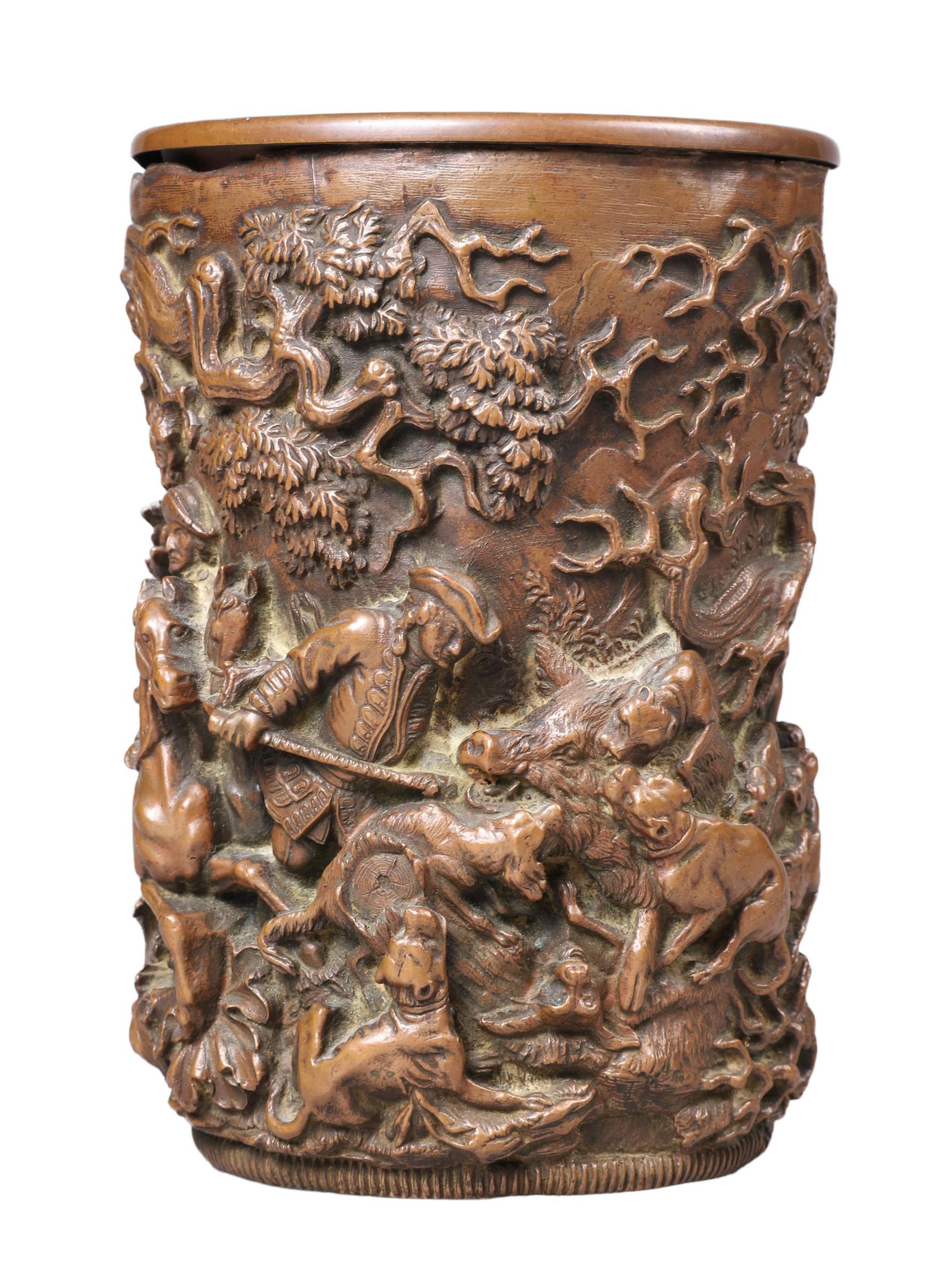 Cast Bronze Brush Pot in Boar Hunt Scene: Cast bronze brush pot in boar hunt scene, heavily repoussed pot with multi-tree, hunter, hound and boar story pattern surround, 5-1/8"H, 3-1/2" dia