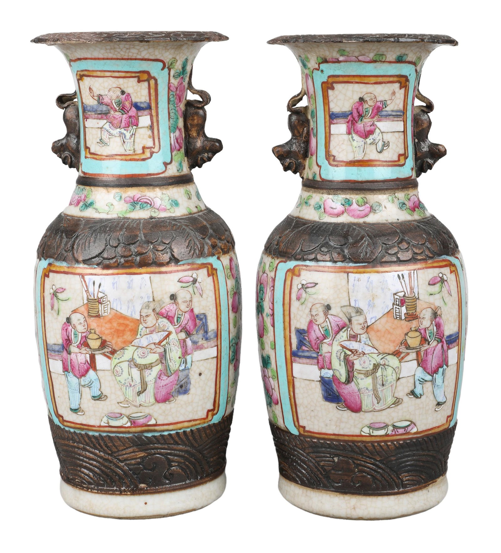 Pair of Chinese Mandarin Porcelain Vases: Pair of Chinese Mandarin porcelain vases, double foo dog handles, impressed mark to base, 9-5/8" h, cracks at rims of both vases and major repairs, 1 hairline at lip, 1"l, 2 repairs at rim, glaze pops