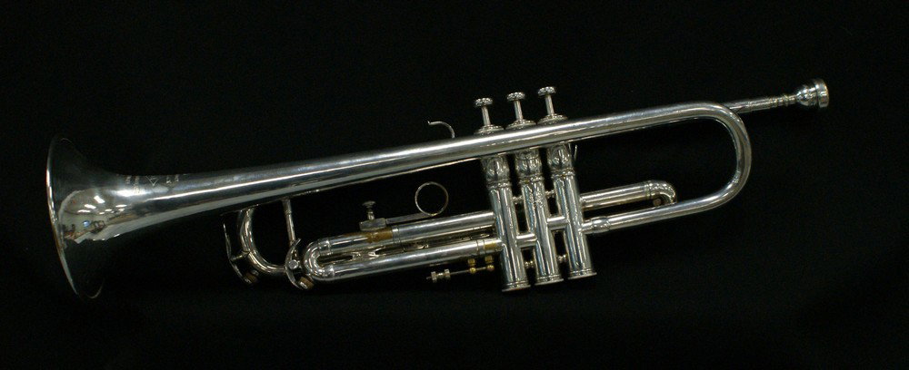 F Besson silver plate Bb trumpet, Made in France,: F Besson silver plate Bb trumpet, Made in France, c 1940-50, SN 93845, plating in excellent condition, with a carrying case fitted for 3 horns, Vincent Bach mouthpiece, 21 3/8" long with mouthpiece