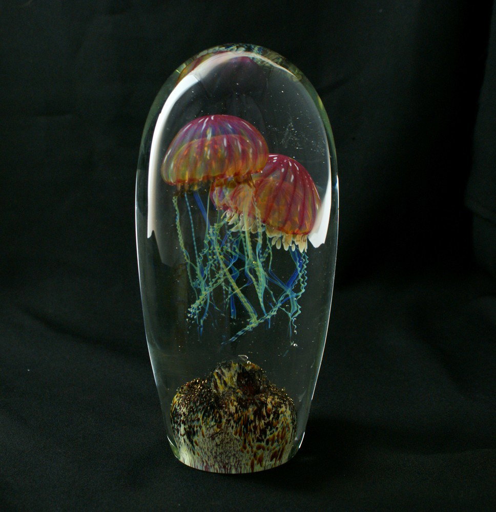 Richard Satava art glass jellyfish paperweight, e: Richard Satava art glass jellyfish paperweight, etched signature & numbered 1705-06 on bottom, 9 3/8" tall, with a CD disc from the studio, no damage