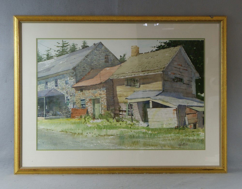 Robert Nickle, American, DE, 20th c, w/c, Stone: Robert Nickle, American, DE, 20th c, w/c, Stone Farmhouse with shed, 19" x 29", framed